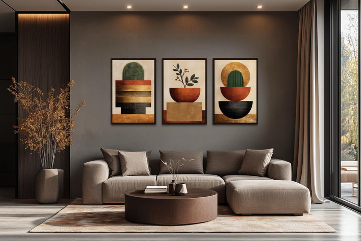 Mid Century Modern Geometric Botanical Plants Earth Tones Wall Art Set of 3
