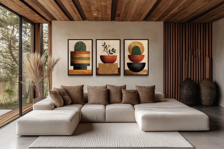 Mid Century Modern Geometric Botanical Plants Earth Tones Wall Art Set of 3