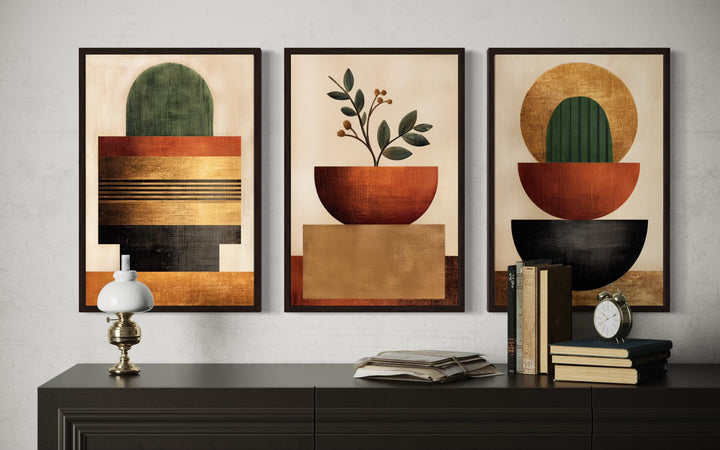 Mid Century Modern Geometric Botanical Plants Earth Tones Wall Art Set of 3