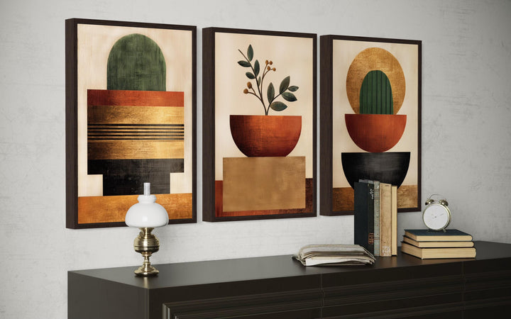 Mid Century Modern Geometric Botanical Plants Earth Tones Wall Art Set of 3