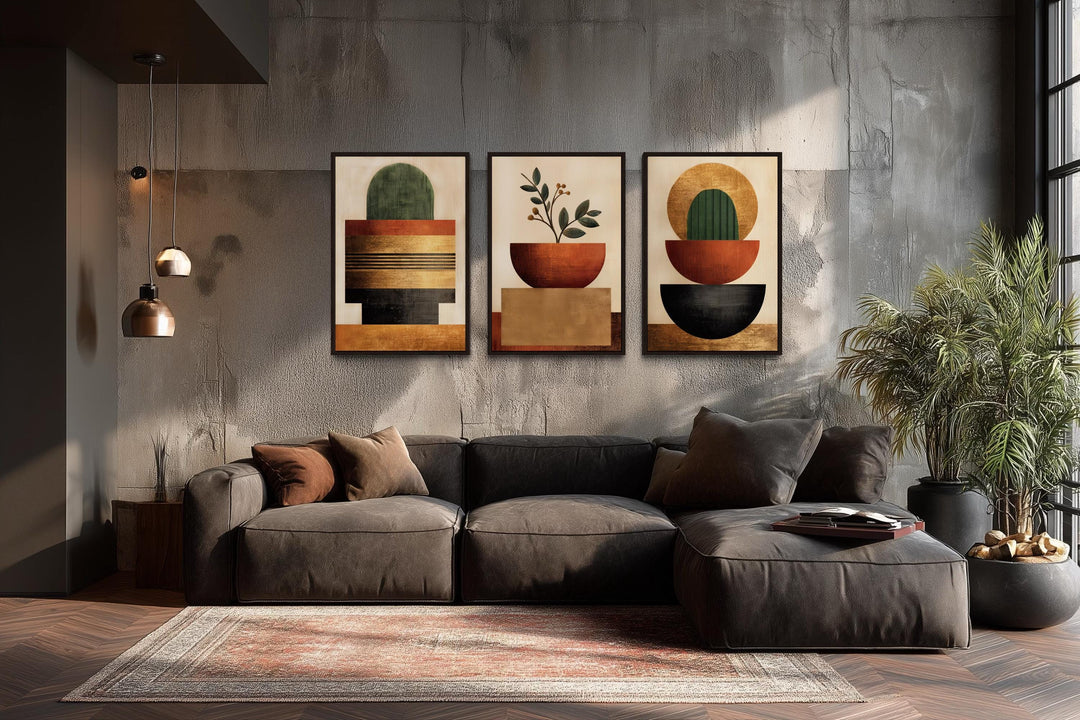 Mid Century Modern Geometric Botanical Plants Earth Tones Wall Art Set of 3