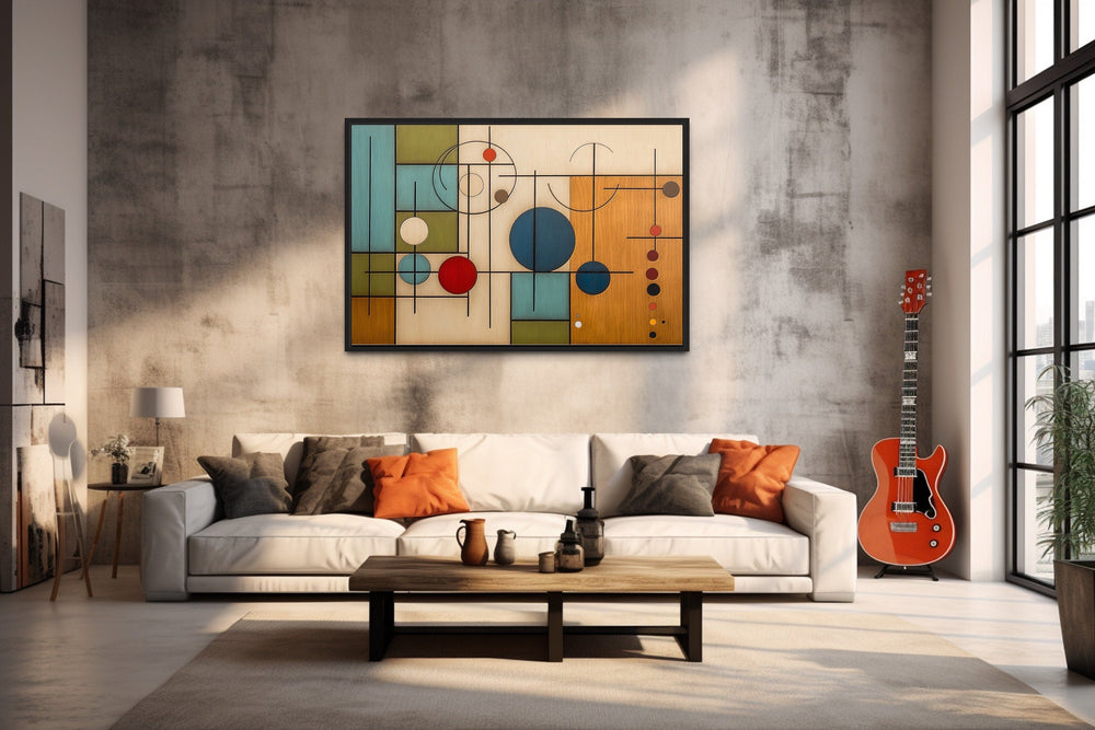 Mid Century Modern Geometric Painting On Wood Canvas Wall Art in living room