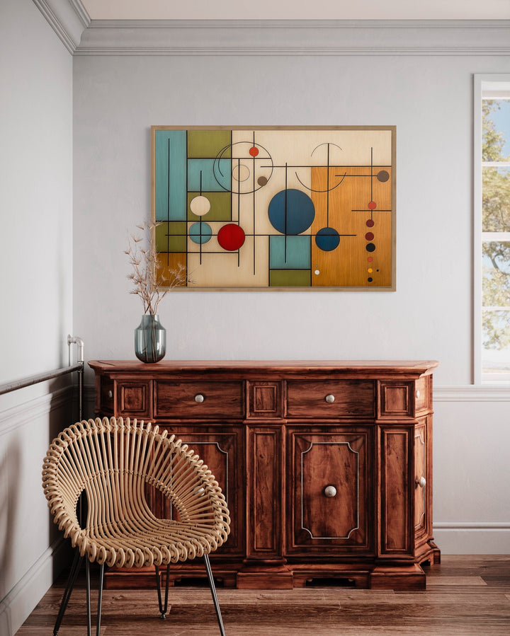 Mid Century Modern Geometric Painting On Wood Canvas Wall Art