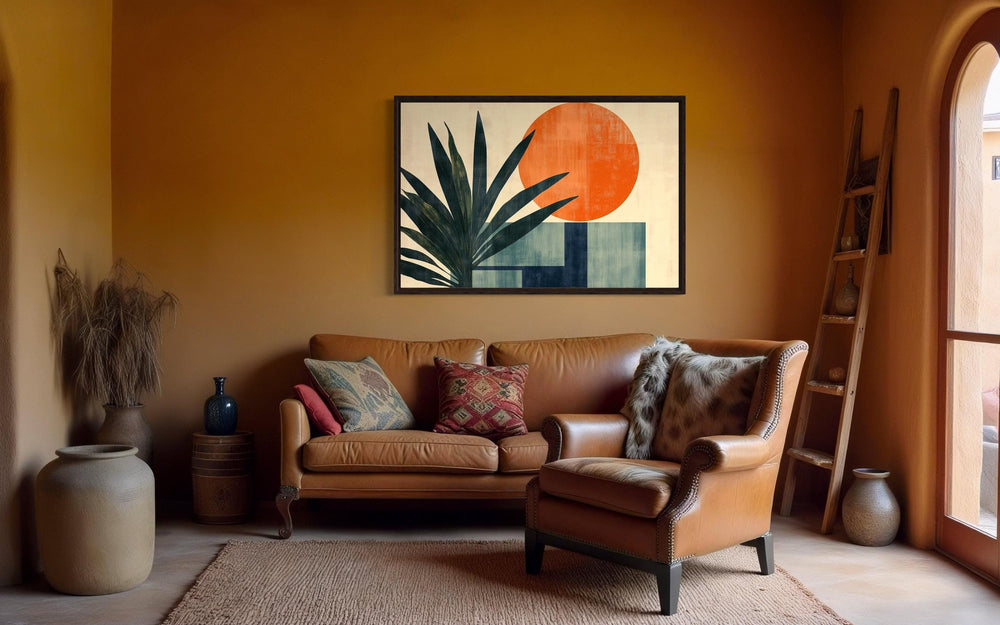 Mid Century Modern Geometric Sun And Palm Leaves Wall Art