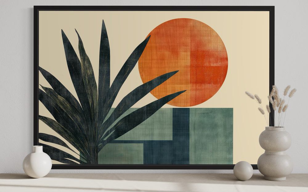 Mid Century Modern Geometric Sun And Palm Leaves Wall Art