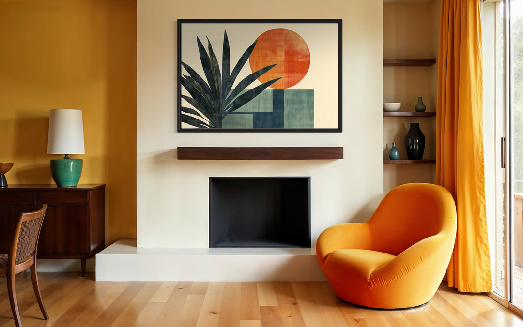 Mid Century Modern Geometric Sun And Palm Leaves Wall Art