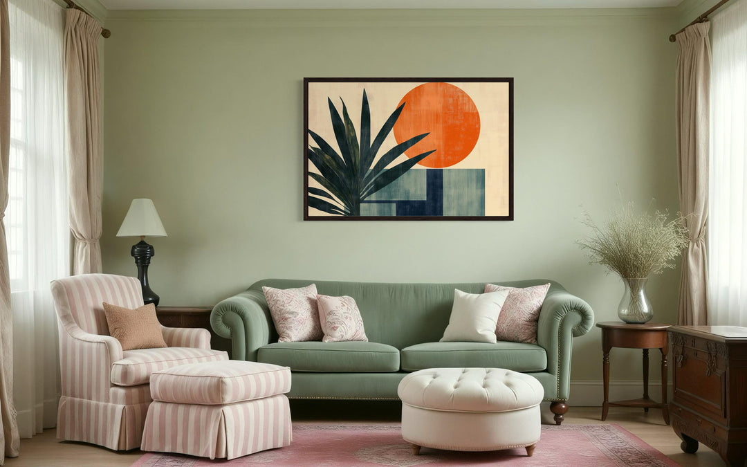 Mid Century Modern Geometric Sun And Palm Leaves Wall Art