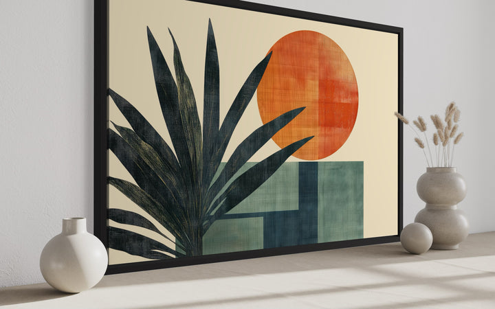 Mid Century Modern Geometric Sun And Palm Leaves Wall Art