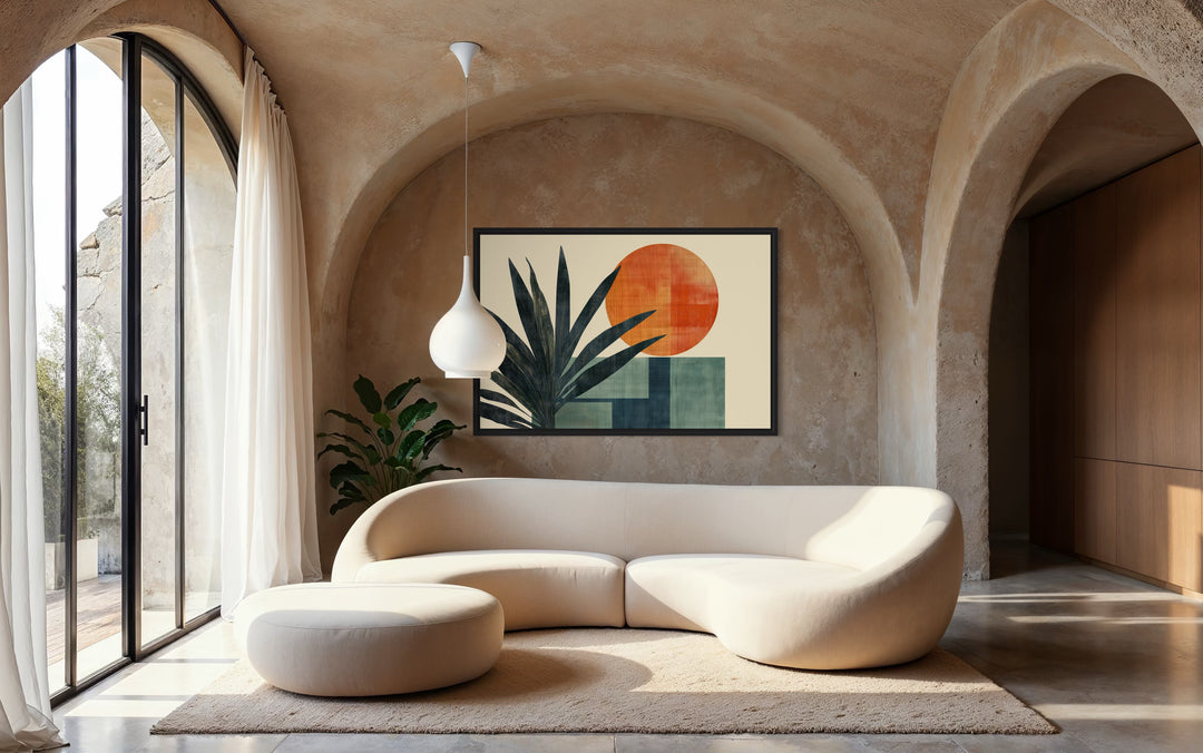 Mid Century Modern Geometric Sun And Palm Leaves Wall Art