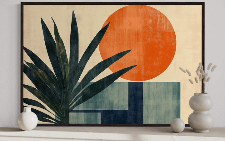 Mid Century Modern Geometric Sun And Palm Leaves Wall Art