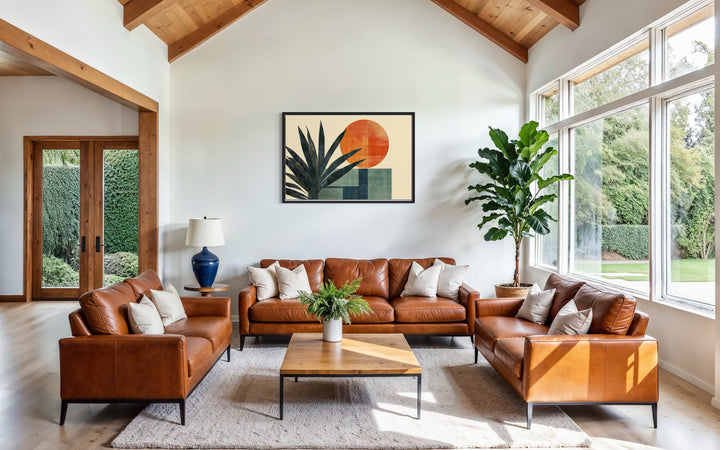 Mid Century Modern Geometric Sun And Palm Leaves Wall Art