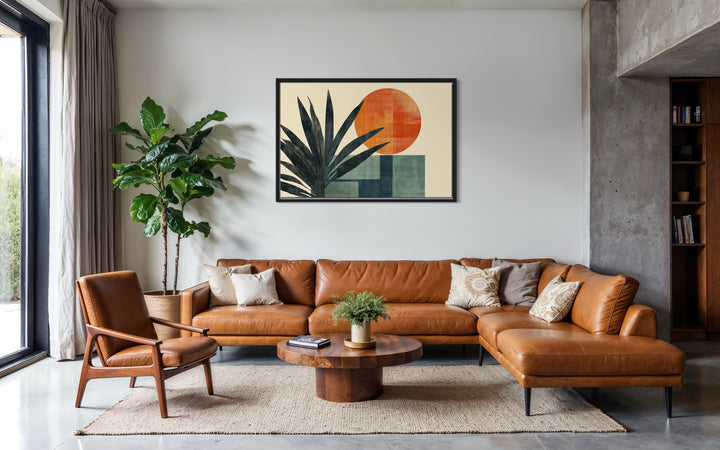 Mid Century Modern Geometric Sun And Palm Leaves Wall Art