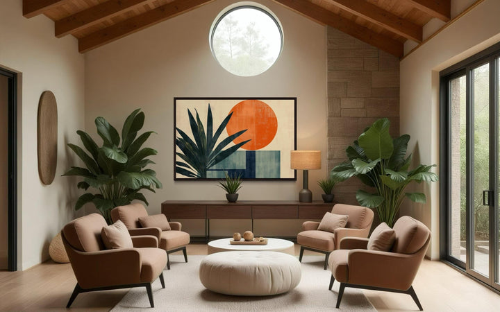 Mid Century Modern Geometric Sun And Palm Leaves Wall Art