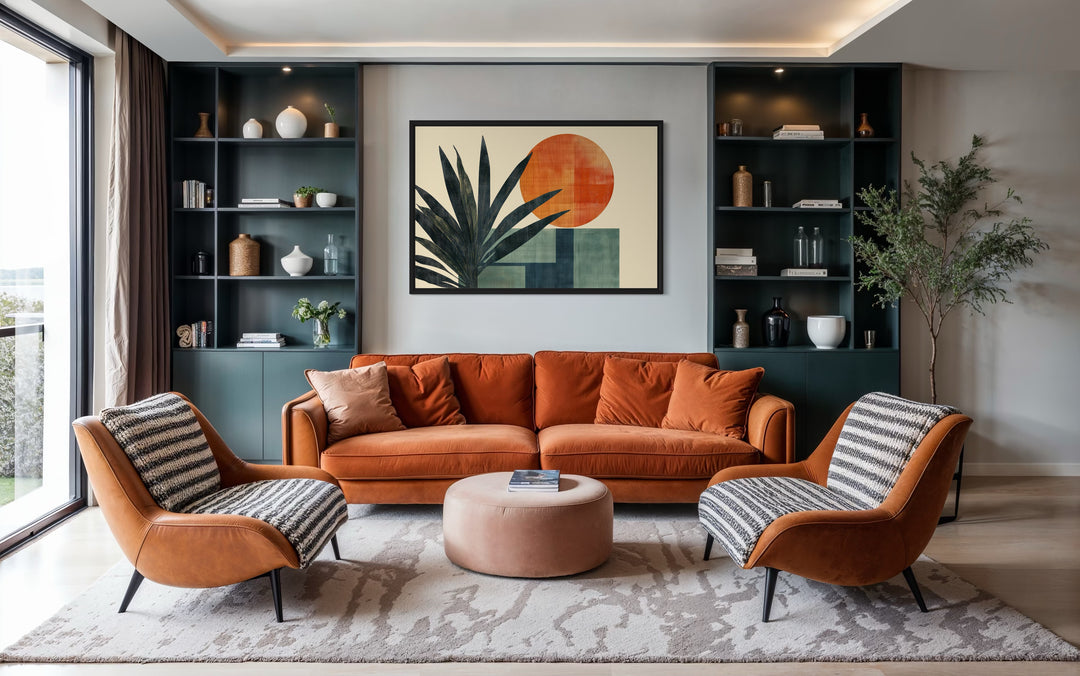 Mid Century Modern Geometric Sun And Palm Leaves Wall Art