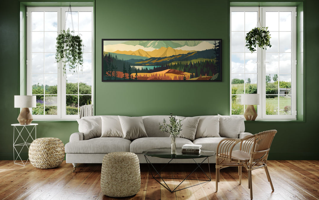 Mid Century Modern Green Landscape Mountain Lake Long Narrow Wall Art