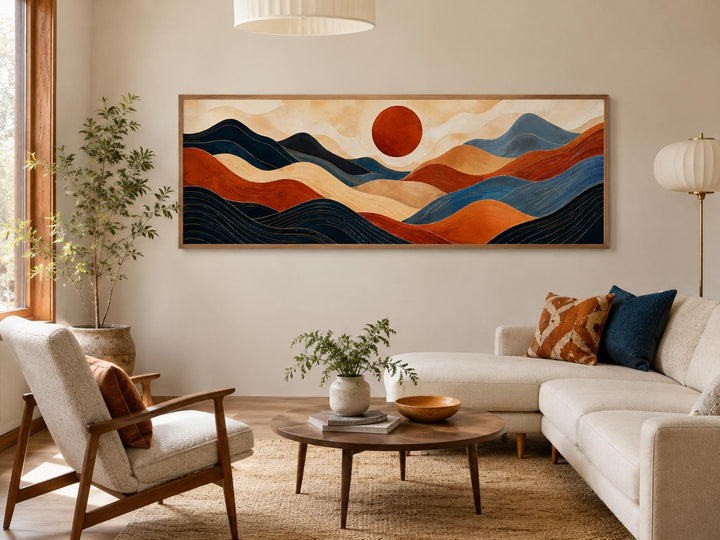 Long horizontal abstract mountain wall art in burnt orange and navy blue above a modern sofa.