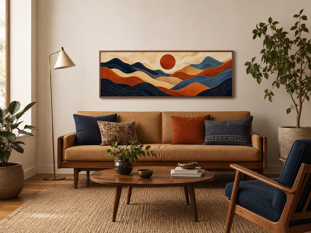 Long horizontal abstract mountain wall art in burnt orange and navy blue above a mid-century sofa.