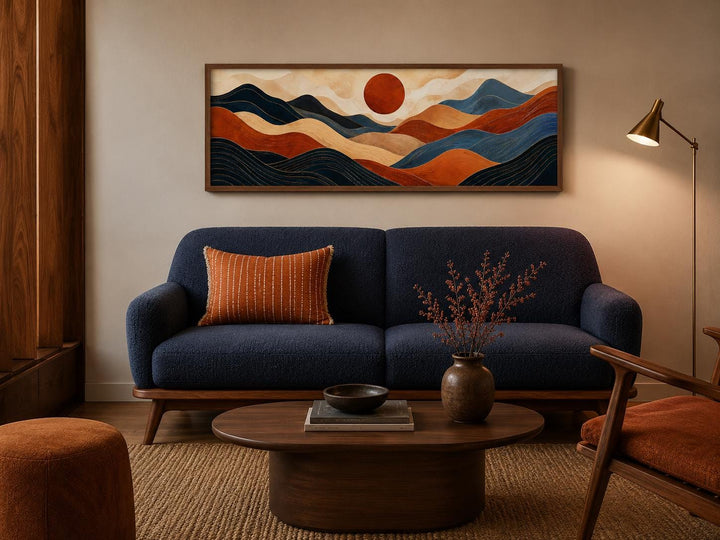 Mid century modern long horizontal abstract burnt orange and navy blue mountain wall art.