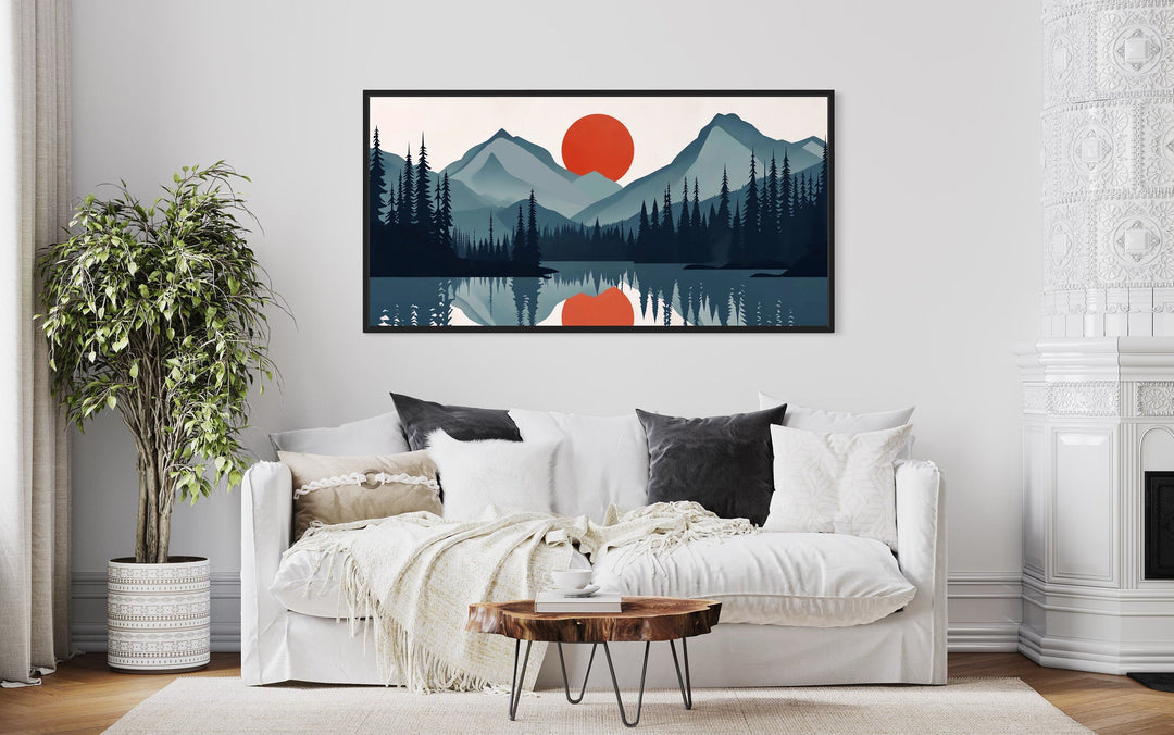 Mid Century Modern Minimalist Mountain Lake Landscape Canvas Wall Art