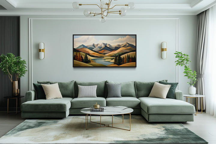 Mid Century Modern Minimalist Mountain Lake Landscape Canvas Wall Art