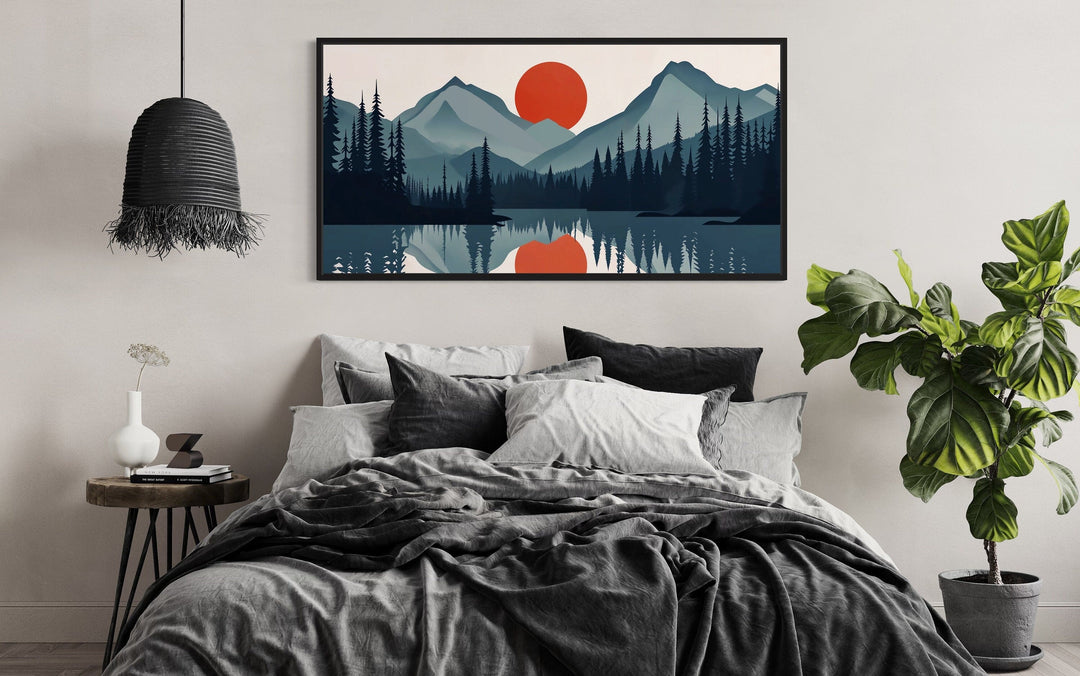 Mid Century Modern Minimalist Mountain Lake Landscape Canvas Wall Art