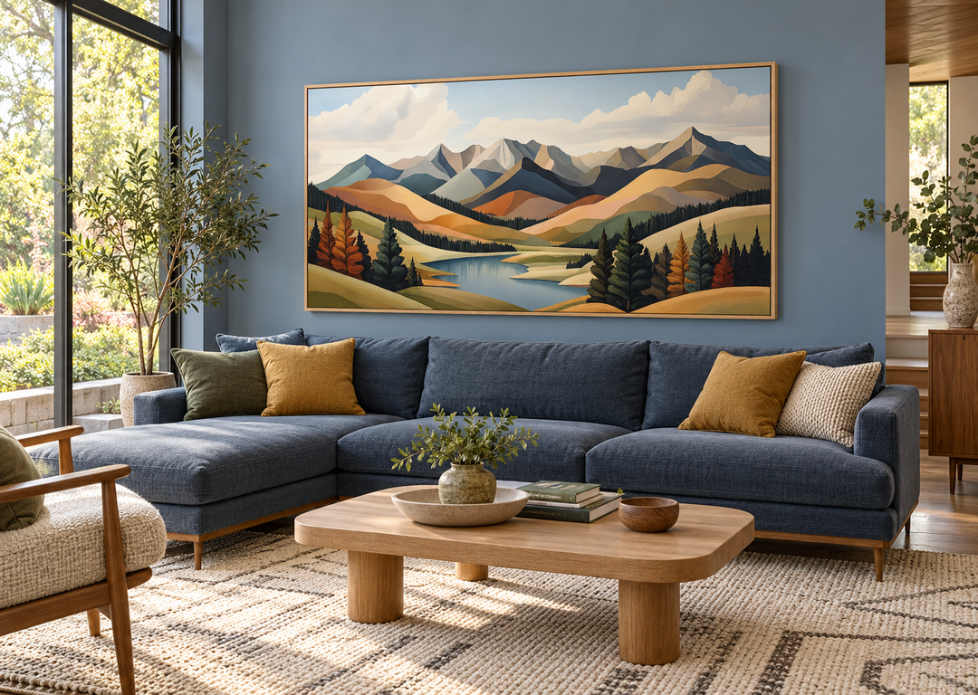 Mid-century modern mountain lake canvas print in green and brown tones above a blue sectional sofa.