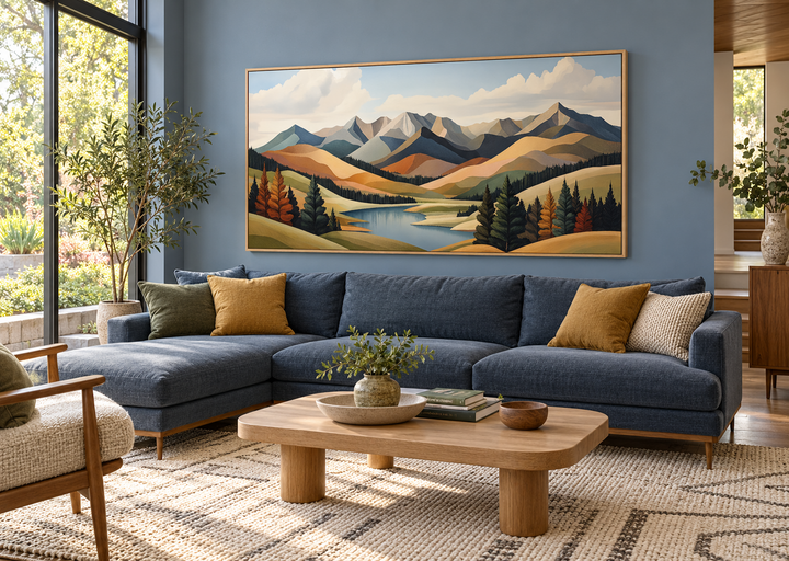 Mid-century modern mountain lake canvas print in green and brown tones above a blue sectional sofa.