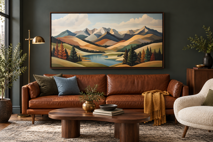 Mid-century modern mountain lake canvas print in a walnut frame above a brown leather sofa.