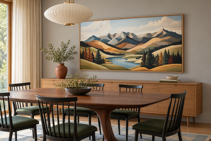 Mid-century modern mountain lake canvas print in a wood frame above a dining room sideboard.