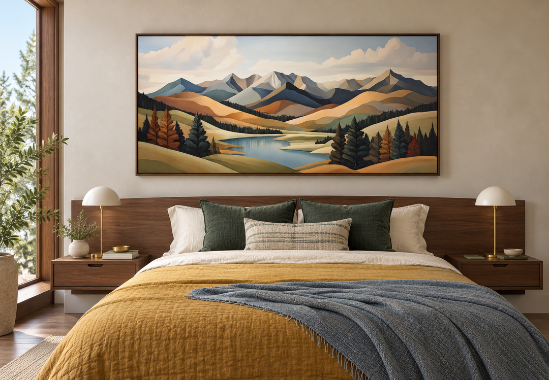 Mid-century modern mountain lake canvas print in green and brown tones above a bed.