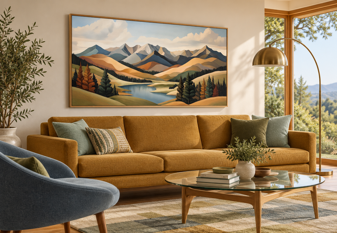Mid-century modern mountain lake canvas print in a wood frame above an ochre sofa in a living room.