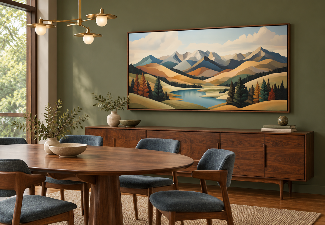 Mid-century modern mountain lake canvas print in green and brown tones above a walnut sideboard.