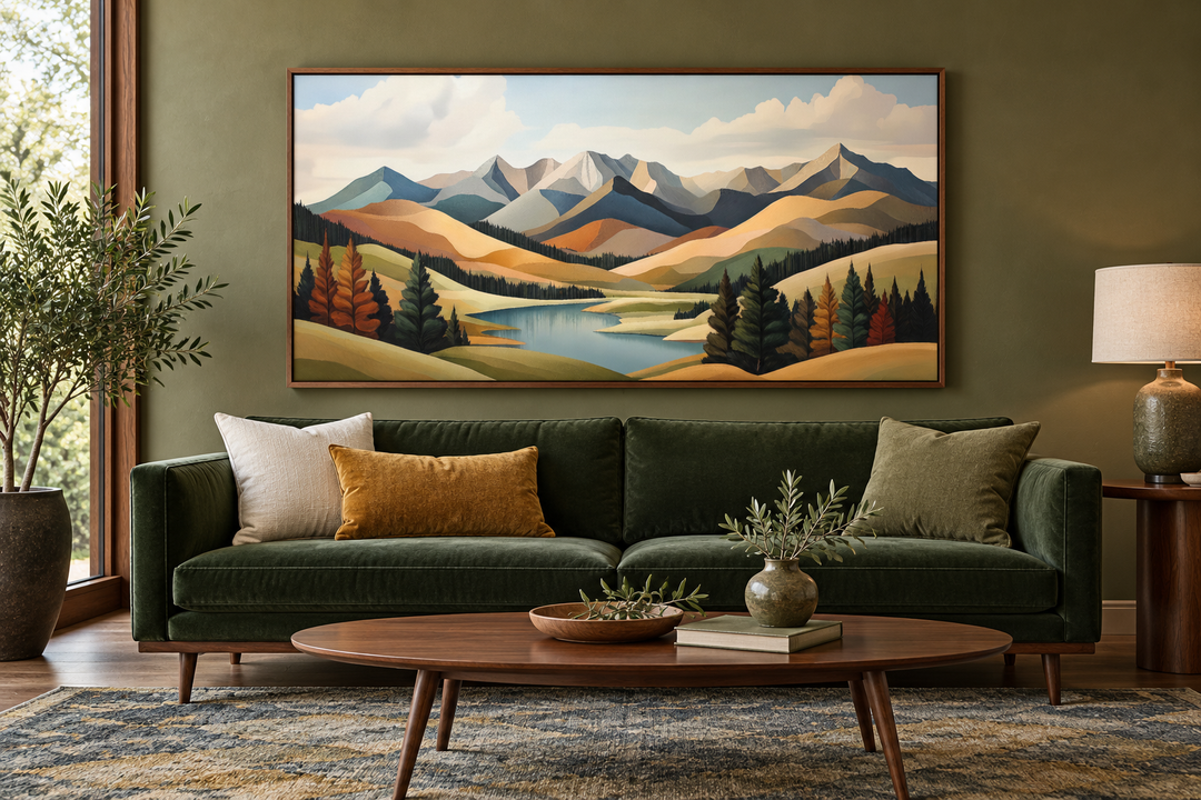 Mid-century modern mountain lake canvas print in a walnut frame above a green velvet sofa.