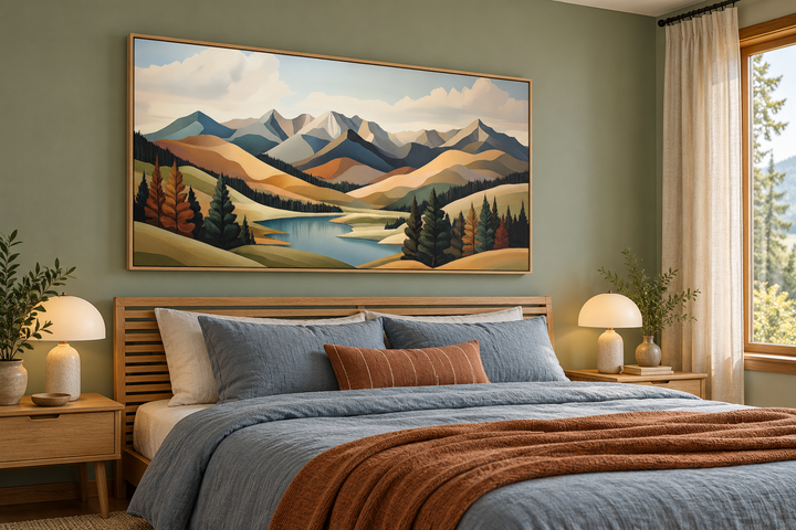 Mid-century modern mountain lake canvas print in green and brown tones above a wooden bed frame.