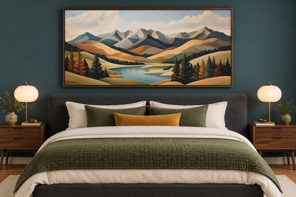 Mid-century modern mountain lake canvas print in green and brown tones above a bedroom headboard.