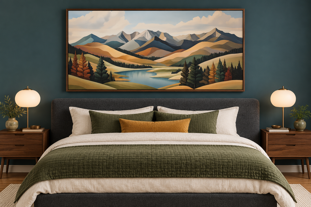 Mid-century modern mountain lake canvas print in green and brown tones above a bedroom headboard.
