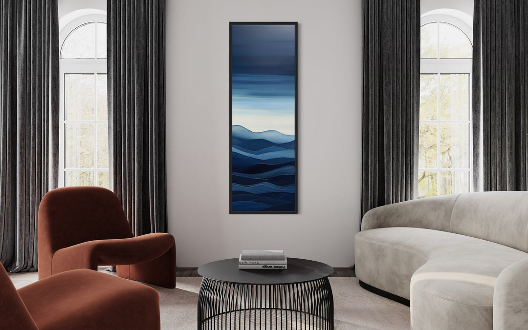 Mid Century Modern Navy Blue Ocean Long Narrow Vertical Framed Canvas Wall Art