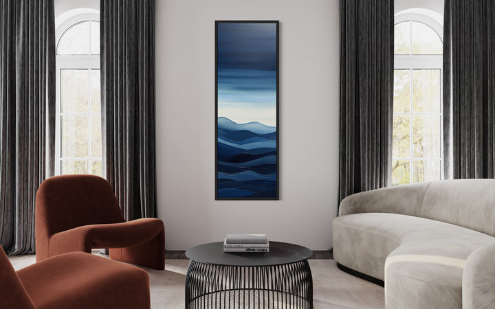 Mid Century Modern Navy Blue Ocean Long Narrow Vertical Framed Canvas Wall Art
