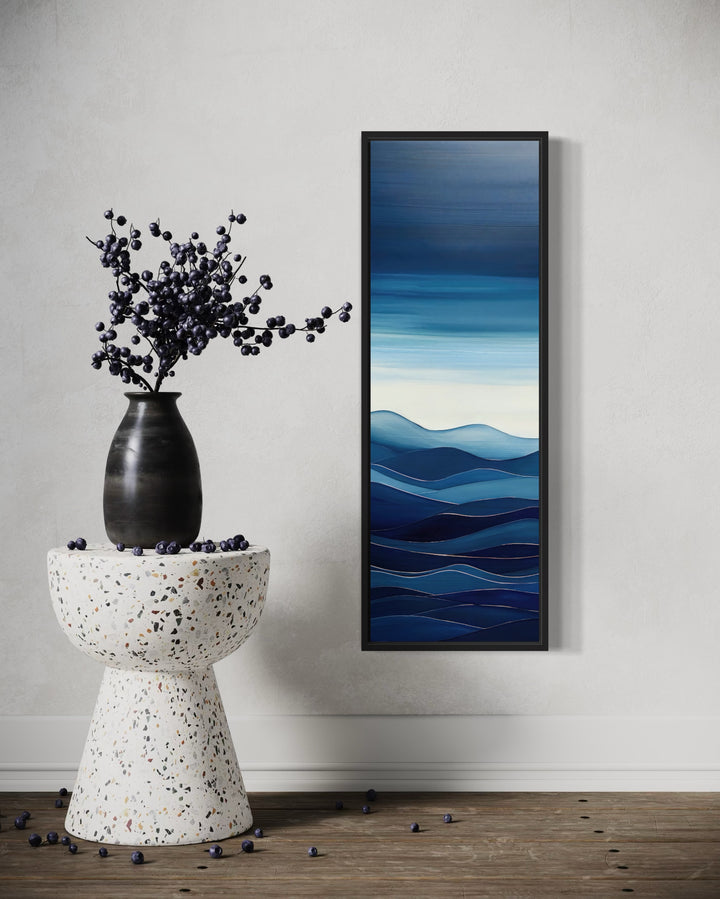 Mid Century Modern Navy Blue Ocean Long Narrow Vertical Framed Canvas Wall Art