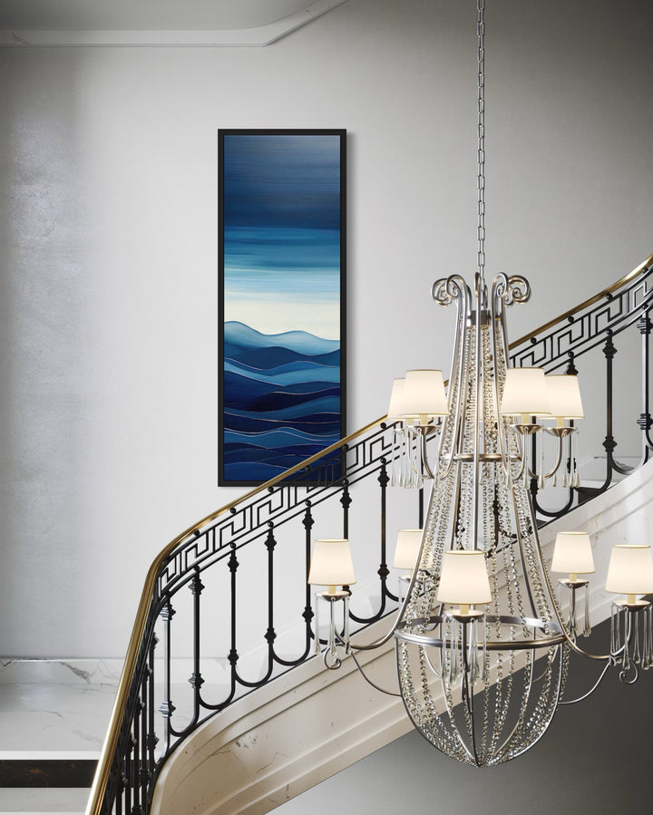 Mid Century Modern Navy Blue Ocean Long Narrow Vertical Framed Canvas Wall Art