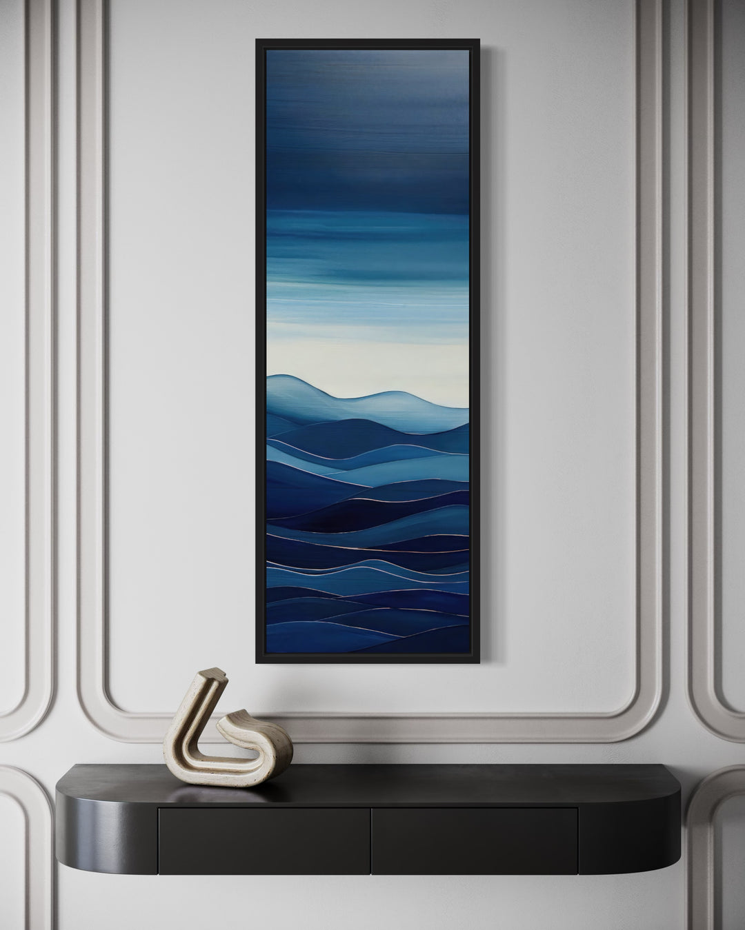 Mid Century Modern Navy Blue Ocean Long Narrow Vertical Framed Canvas Wall Art