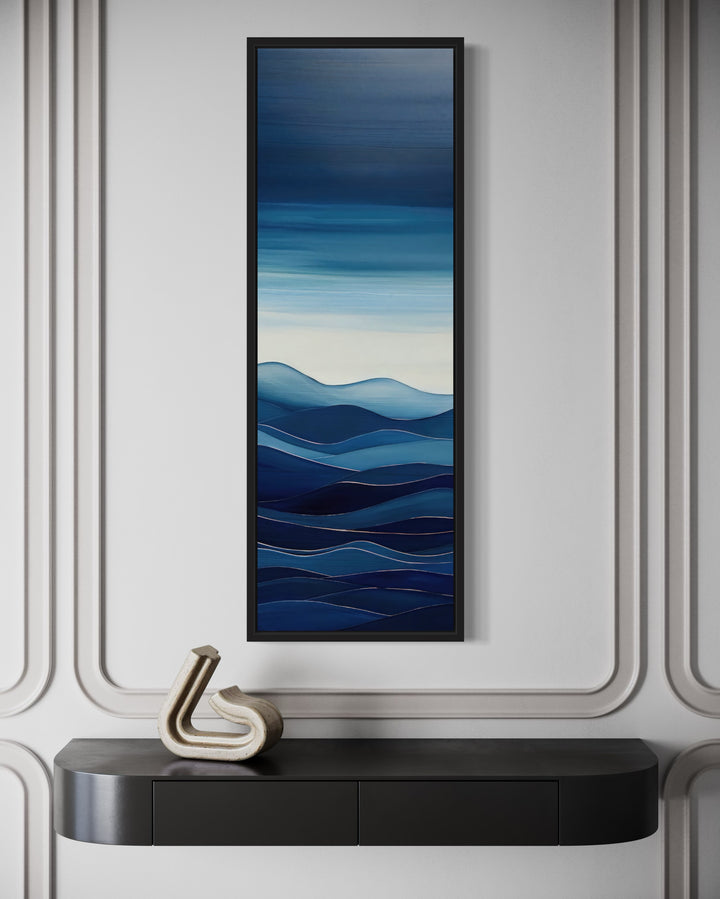 Mid Century Modern Navy Blue Ocean Long Narrow Vertical Framed Canvas Wall Art