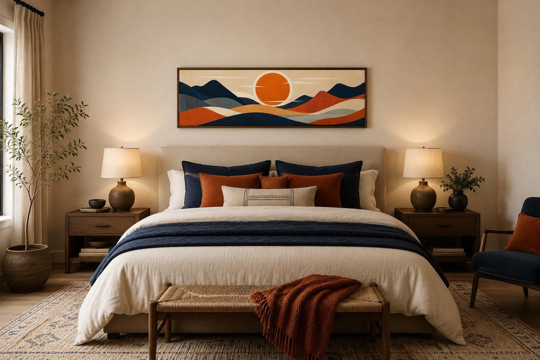 Mid-century modern navy and orange mountain sunset canvas print hanging above a bed.