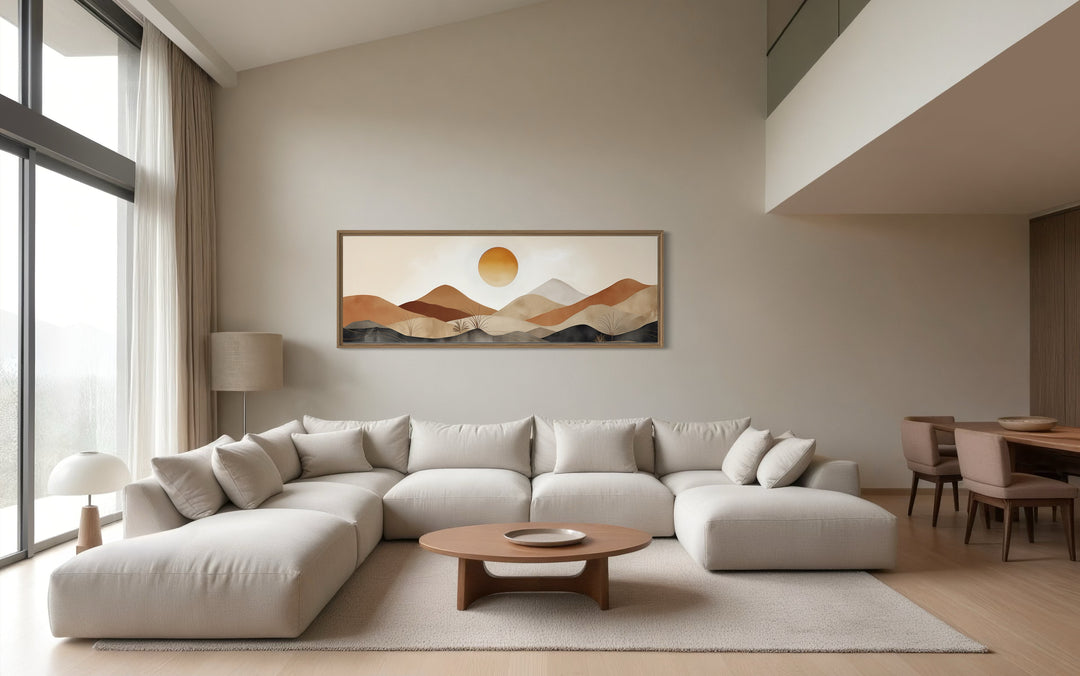 Mid century modern long narrow canvas wall art featuring a neutral mountain sunset landscape.