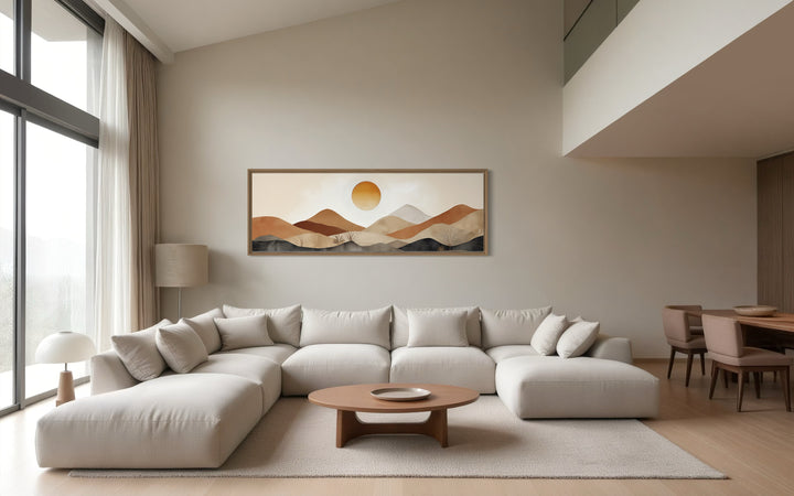 Mid century modern long narrow canvas wall art featuring a neutral mountain sunset landscape.