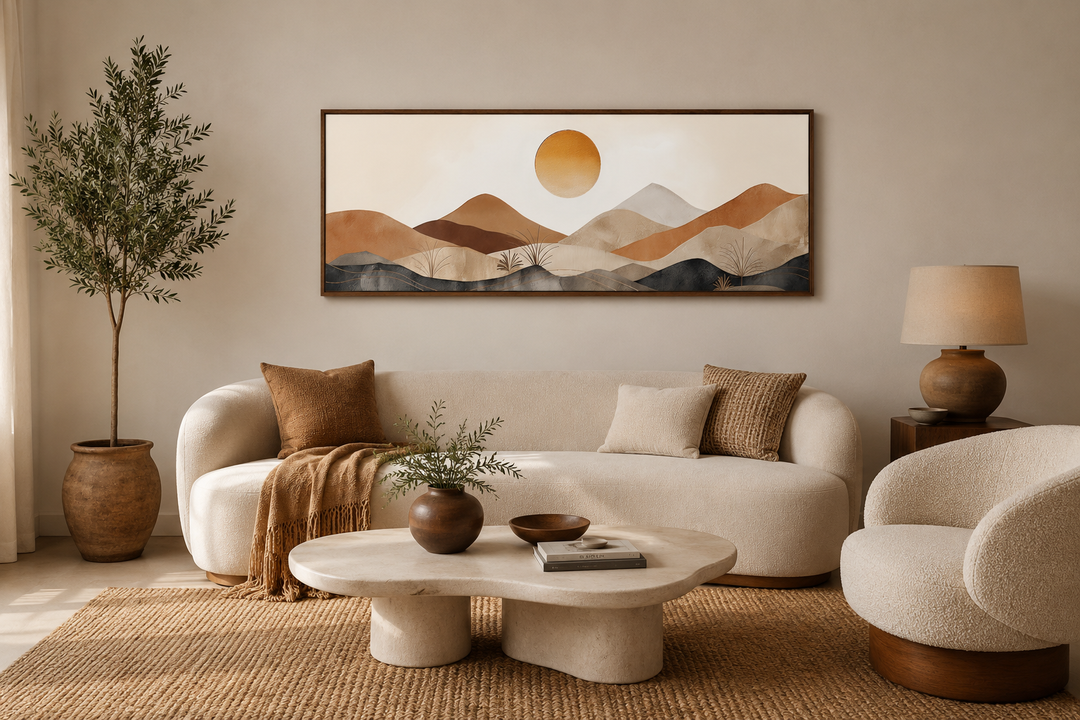 Long narrow canvas wall art featuring a mid century modern mountain sunset in neutral brown tones.