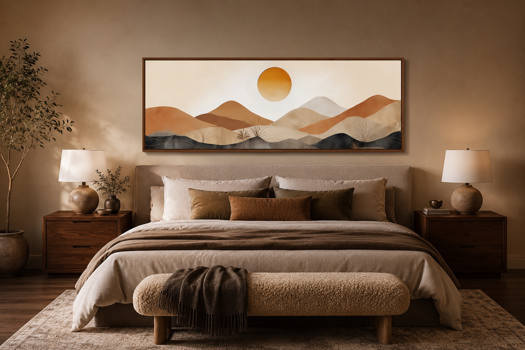Mid century modern long narrow canvas wall art featuring a brown and beige mountain sunset landscape.