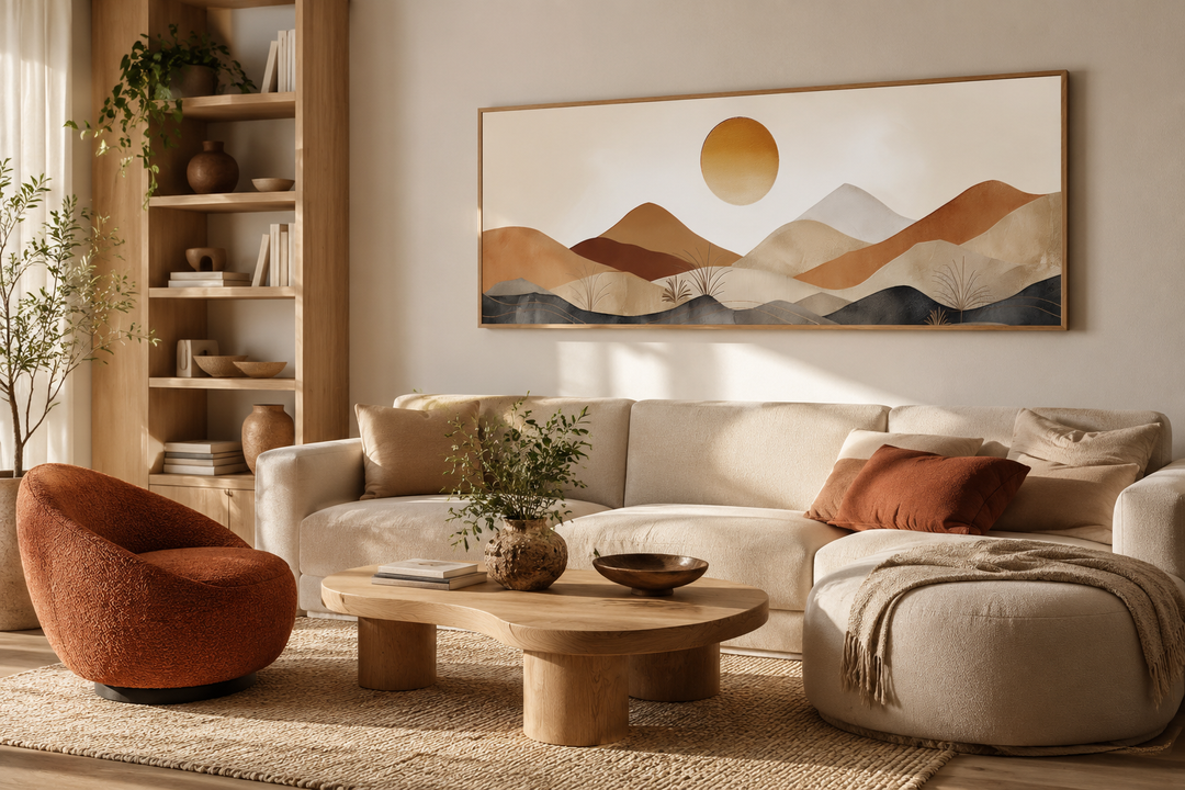 Mid century modern long narrow canvas art featuring a neutral mountain sunset landscape over a sofa.