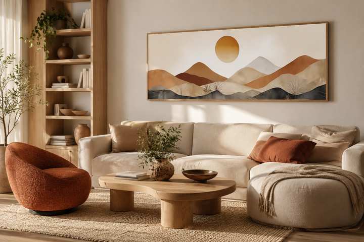 Mid century modern long narrow canvas art featuring a neutral mountain sunset landscape over a sofa.