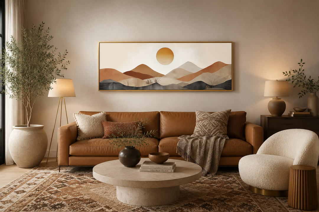 Long narrow canvas wall art featuring a mid-century modern mountain sunset in neutral earth tones.